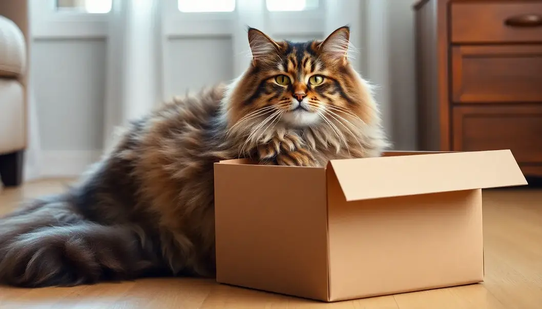 A Maine Coon demonstrating its impressive size by attempting to fit into a small box.