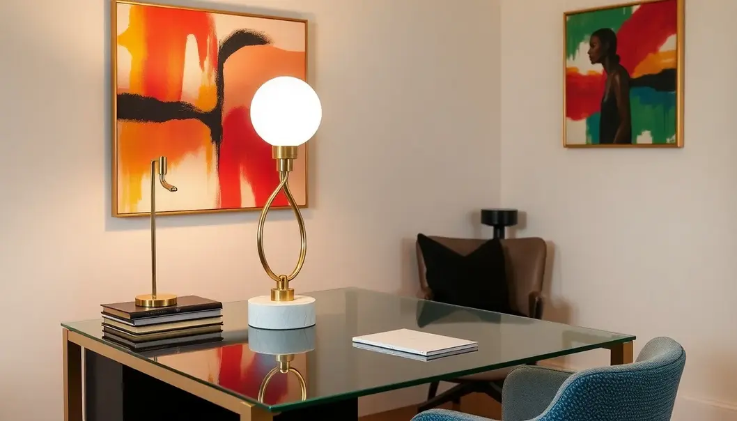 A brass and marble sculptural desk lamp in a fashion-forward home office.