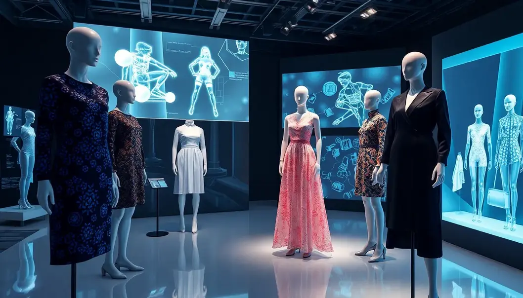 A futuristic fashion studio highlighting technology’s impact in 2025.